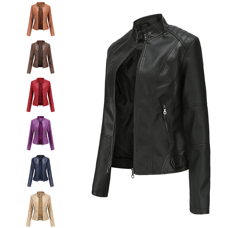 Jaket kulit wanita, 2023 musim semi musim gugur hitam PU kulit mantel berdiri kerah jaket pengendara Motor