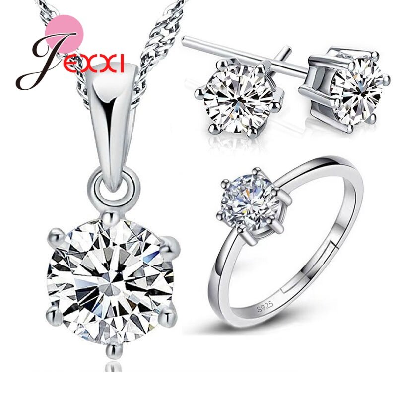 Conjunto de joyería de plata de ley 925 para mujer, collar de cristal de circonita cúbica, anillos, pendientes de tuerca, regalo