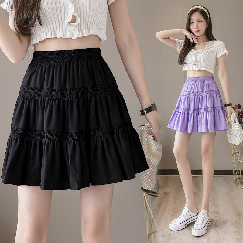 2024 Spring/Summer New Elastic High Waist Pleated Half Skirt for Women's Aging Reduction and Slimming Chiffon Cake Skirt