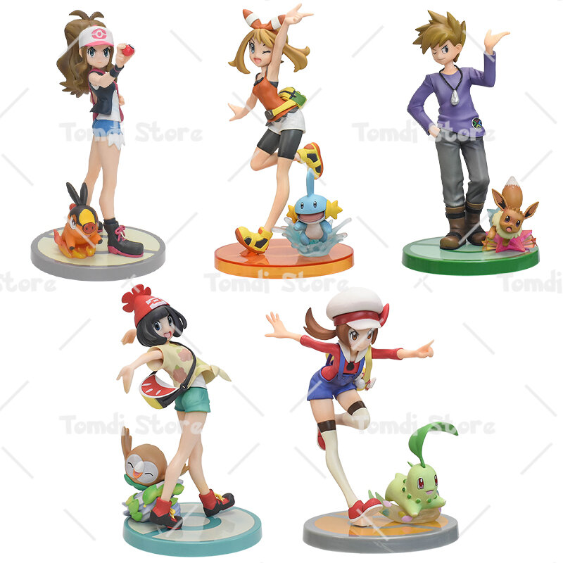 Figurines de personnages Pokémon avec modèles en PVC, Parter, Hilda, Tepig, May Mudkip, Blue Oak, Eevee, Selene, Rowlet, Lyra, Chikorita