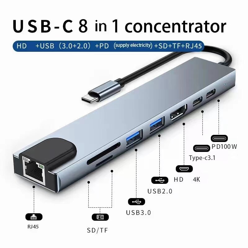 Adaptador de Hub USB Tipo C para Macbook Notebook, 8 em 1, 8 em 1, 3, 1 a 4k, HDMI, Sd, Tf, RJ45, Leitor de Cartão, Carga Rápida PD