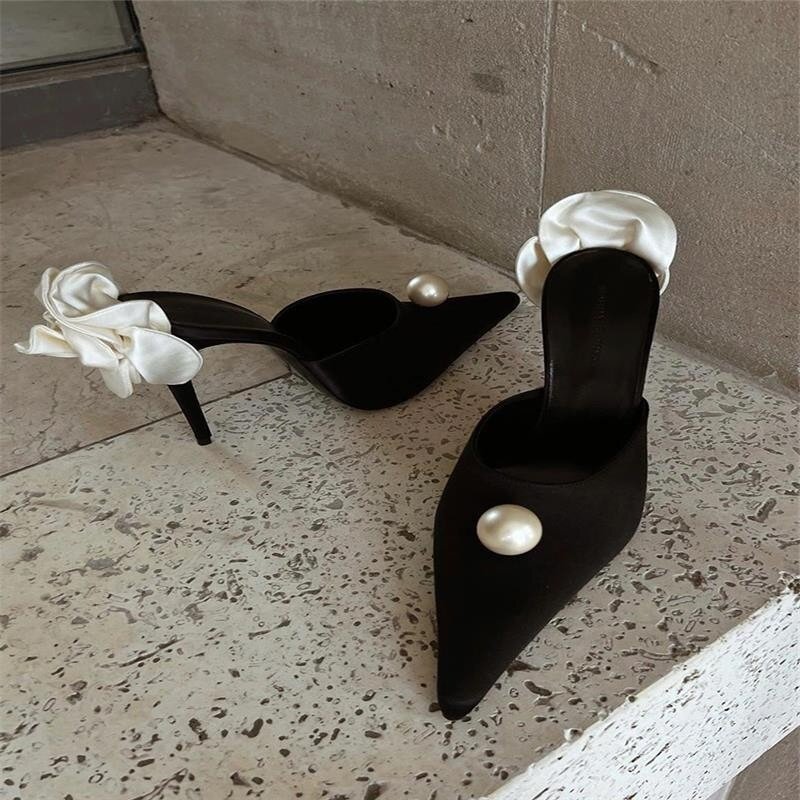 Zapatillas de tacón alto con punta puntiaguda para mujer, sandalias sexys con adornos de perlas, boca baja acogedora, tacones altos elegantes para fiesta y banquete