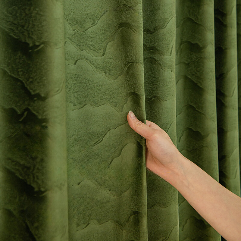 French Light Luxury Green Landscape Blackout Embossed Velvet Curtains for Living Dining room Bedroom Finished Product