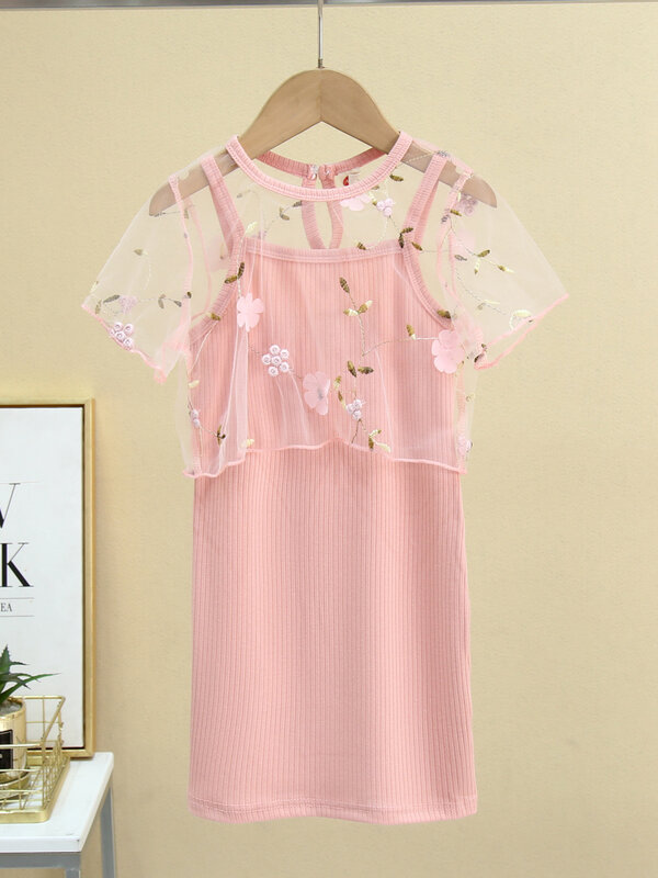 2PCS Girl elastic suspender dress and embroidered three-dimensional flower for summer season comfortable perfect for outings