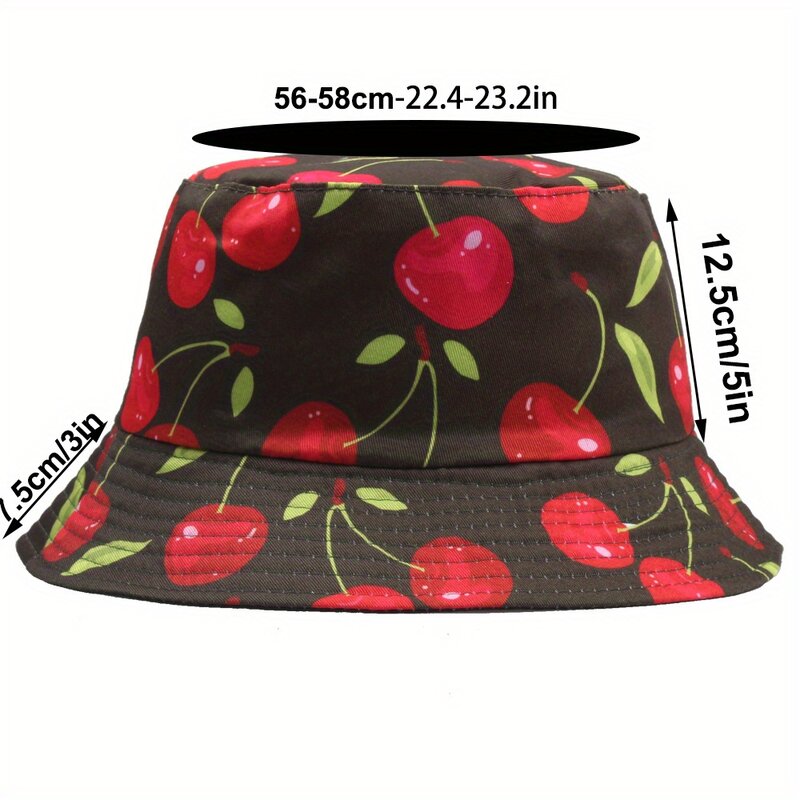 Topi Bucket motif ceri Panama, topi nelayan pelindung matahari dapat dilipat untuk pria wanita musim panas olahraga mendaki pantai