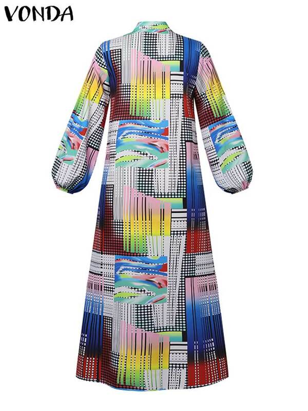 Gaun Maxi motif Bohemian wanita, gaun lengan panjang kasual berkancing longgar ukuran Plus 5XL VONDA Musim Panas 2024