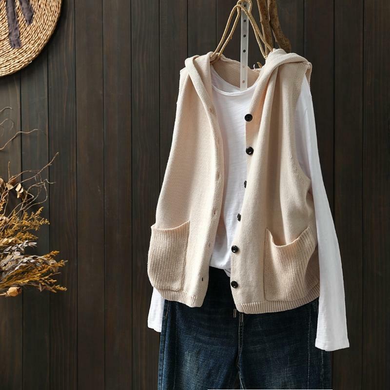 2023 Autumn Winter New Hooded Knitted Vest Art Loose Casual Solid Outer Pocket Office Lady Wild Comfortable Leisure Cardigan