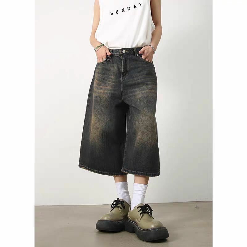 Укороченные джинсы в стиле ретро для женщин, свободные облегающие летние прямые джинсовые шорты с эффектом потертости для мужчин и женщин