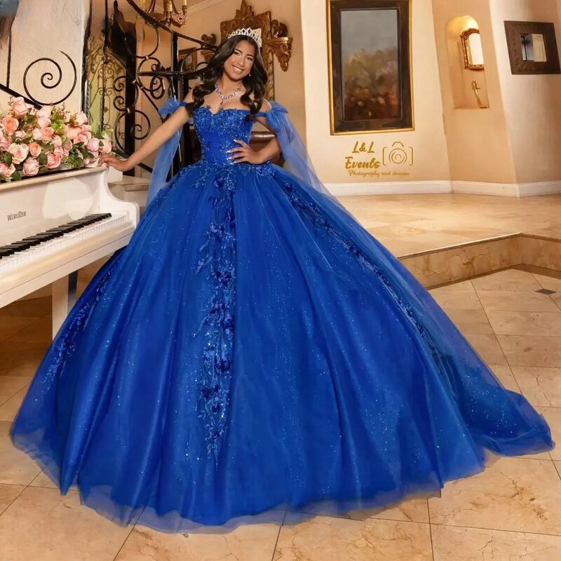Królewska niebieska księżniczka Quinceanera sukienka balowa z odkrytymi ramionami aplikacje słodkie 16 sukienek 15 Años meksykańskie
