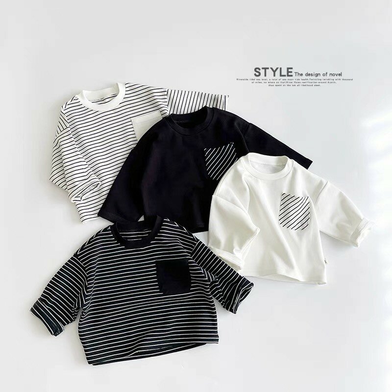 Camiseta de manga larga para niño, ropa de versión coreana, camisa de Base suelta de moda para bebé, Top de rayas de cuello redondo Unisex de nuevo diseño