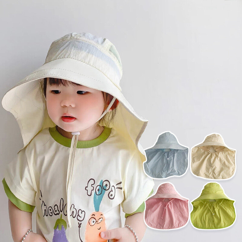 2024 Quick-Dry Sun Cap for Kids Big Brim Panama Hat with Shawl Beach Travel Children Summer Hat Accessories 2-6 Years Old