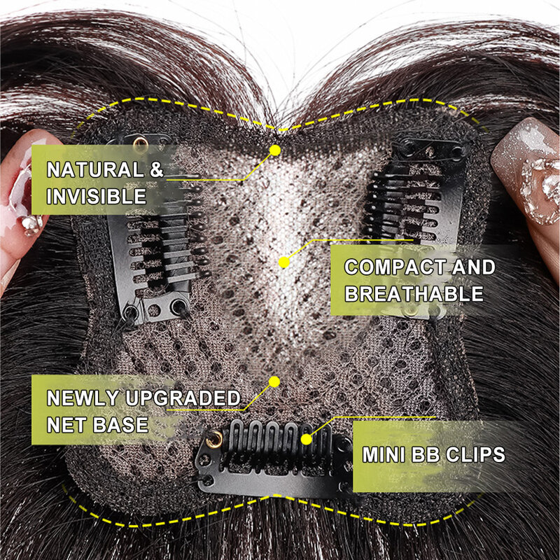 Remy cabelo humano toppers para mulheres, feito à mão base de renda, peruca para cabelos ralos com franja clip, cabelo humano real