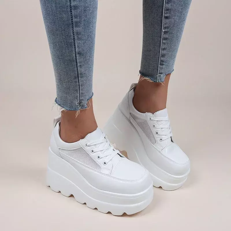 Zapatillas de deporte de cuña blanca para Mujer, zapatos de plataforma transpirables huecos, zapatos de tacón de plataforma gruesa, zapatos de tacón