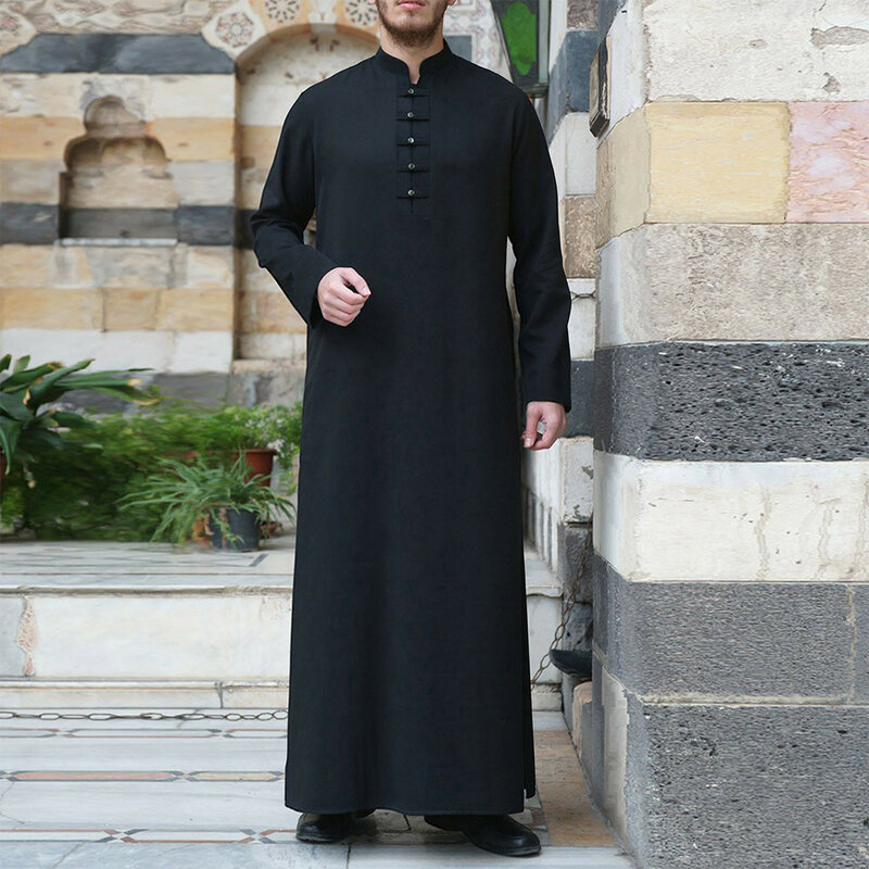 Muzułmańska szata mężczyźni Jubba Thobe saudyjska arabska Kaftan w jednolitym kolorze stojak z dekoltem Homme Abaya Caftan islamska odzież sukienka Islam Eid