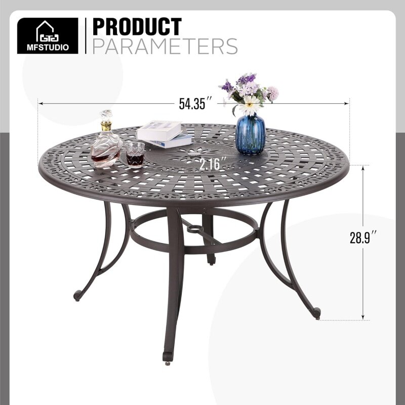 MFSTUDIO-Mesa de jantar redonda de alumínio fundido com design padrão retro, mesa ao ar livre para 4-6, Brown, 54"