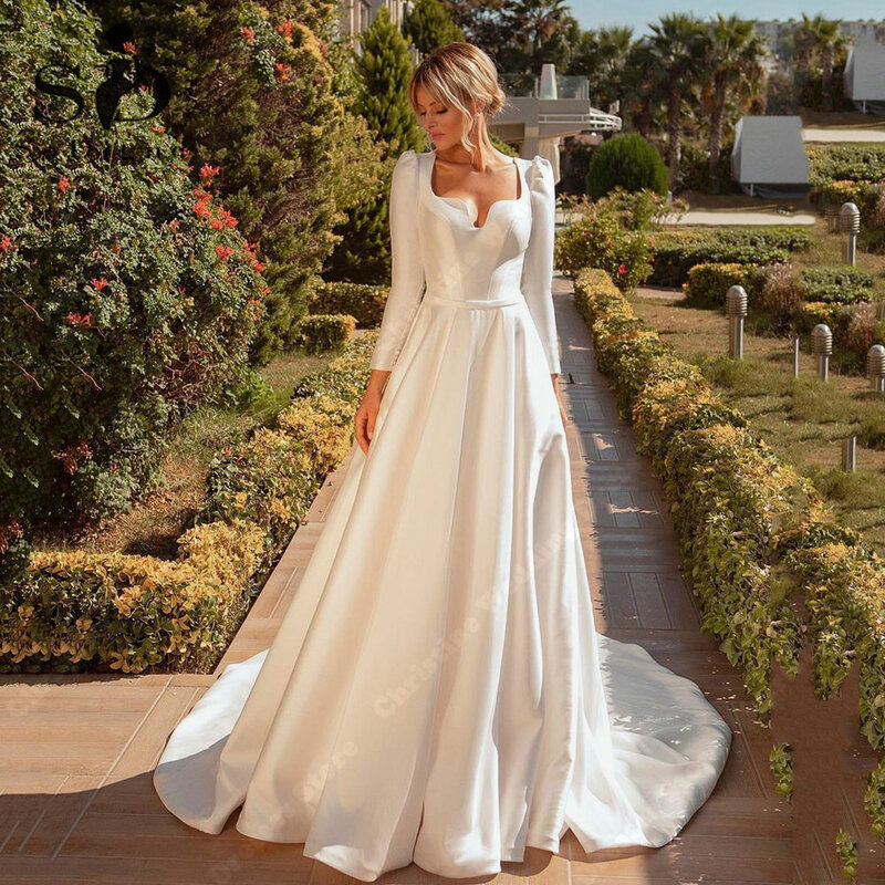 Gaun pernikahan permukaan Satin bercahaya sederhana gaun pengantin A-line elegan putri klasik kustom terbaru 2024