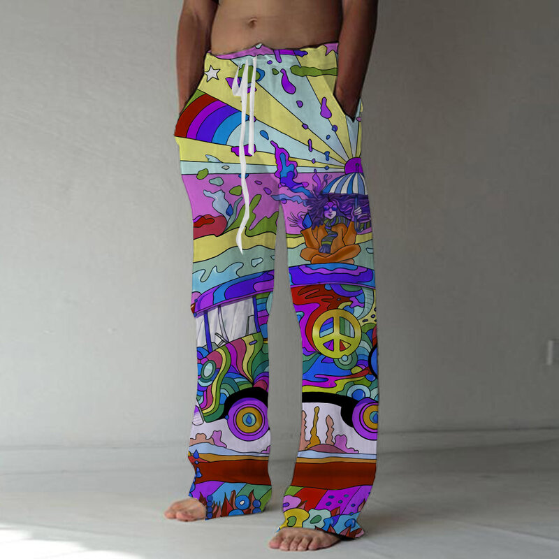 Celana panjang pria musim panas, celana pantai, celana kolor pinggang elastis kaki lurus kartun pelangi cetak grafis kasual nyaman