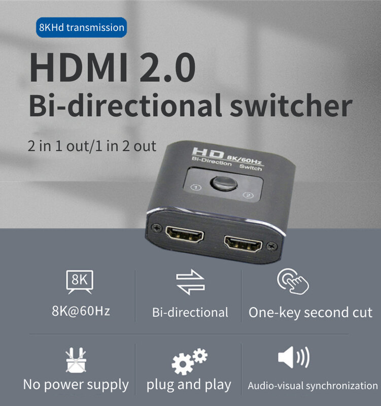 HDMI Switch Video Splitter, 2 Portas, 2 em 1 Saída, 8K, 60Hz, Laptop, PC, Xbox, PS3, PS3, PS4, TV Box, Monitor, Projetor, Adaptador