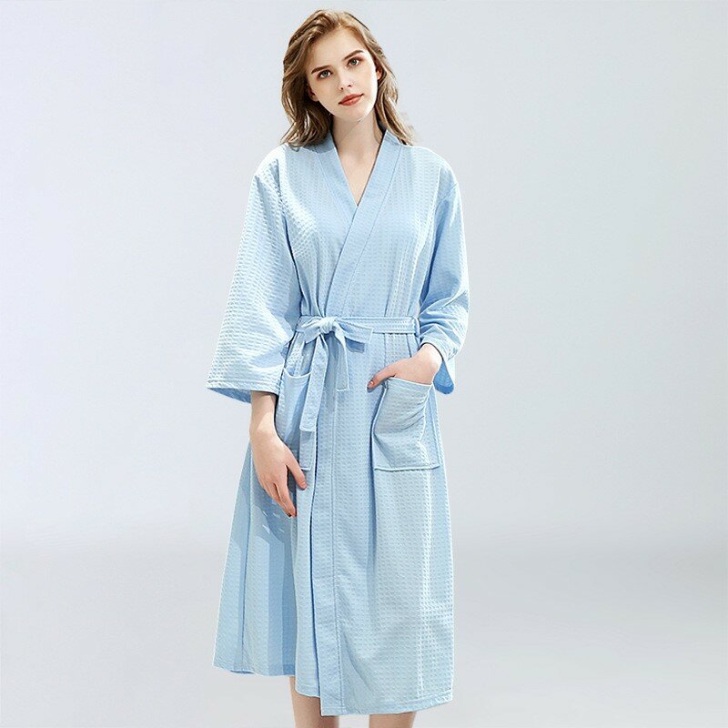 Jubah pakaian tidur pasangan, wafel Solid katun Kimono jubah mandi, pakaian tidur musim semi musim gugur longgar kasual pakaian rumah pakaian santai