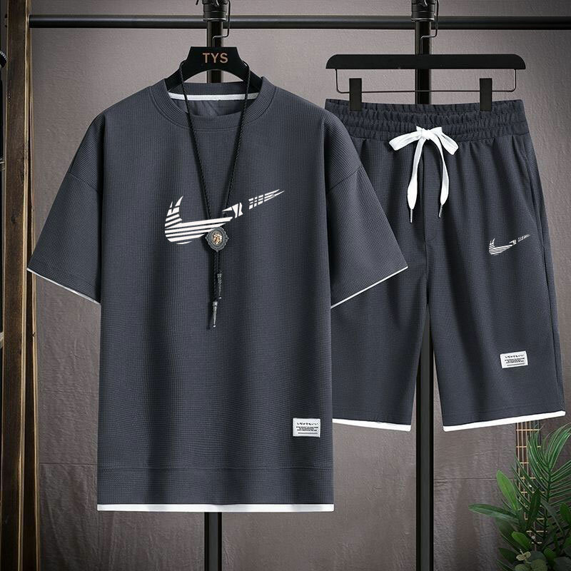 2024 new summer Waffle men's fashion Korean sportswear men's short sleeve T-shirt + sports shorts suit casual wear Set
