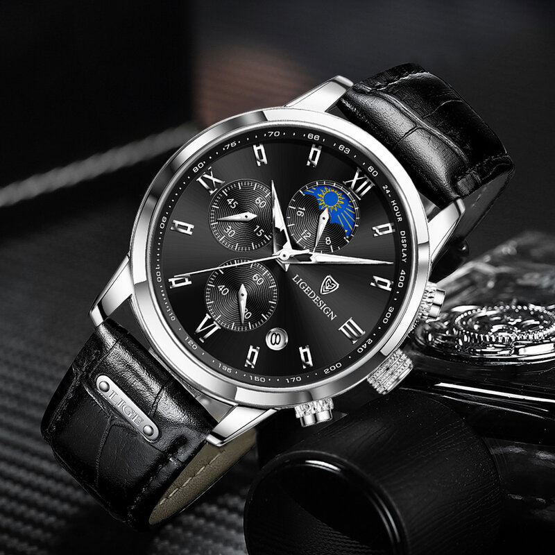 LIGE-남성용 럭셔리 브랜드 비즈니스 패션 시계, 가죽 쿼츠 크로노그래프 방수 시계