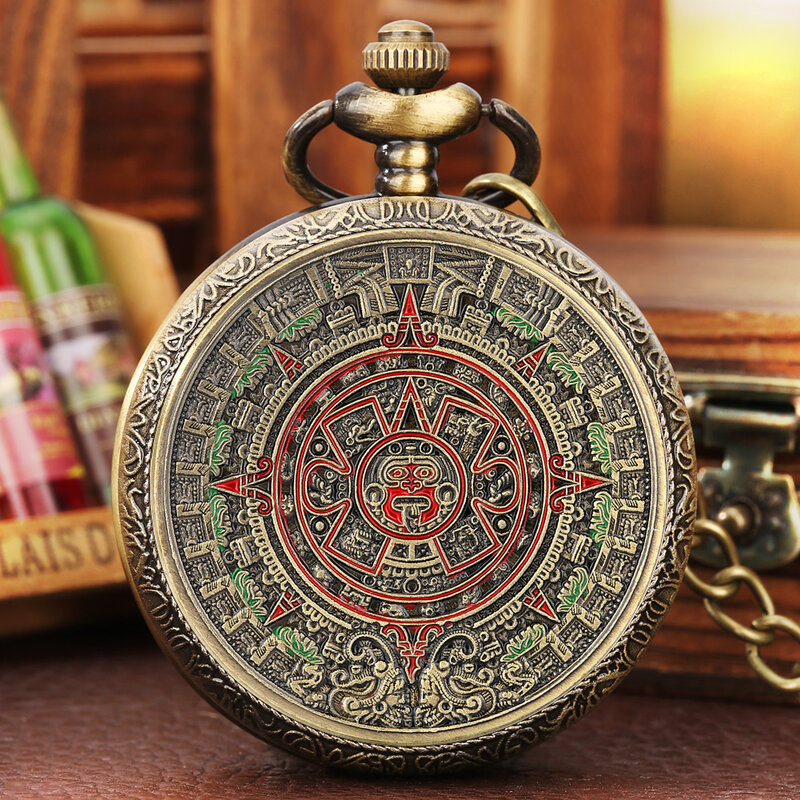 Vintage elegante Bronze Quartz relógio de bolso com Fob Cadeia, Arte Calendário, Maia, Asteca, Profecia Cultura, Padrão Alívio, Colar