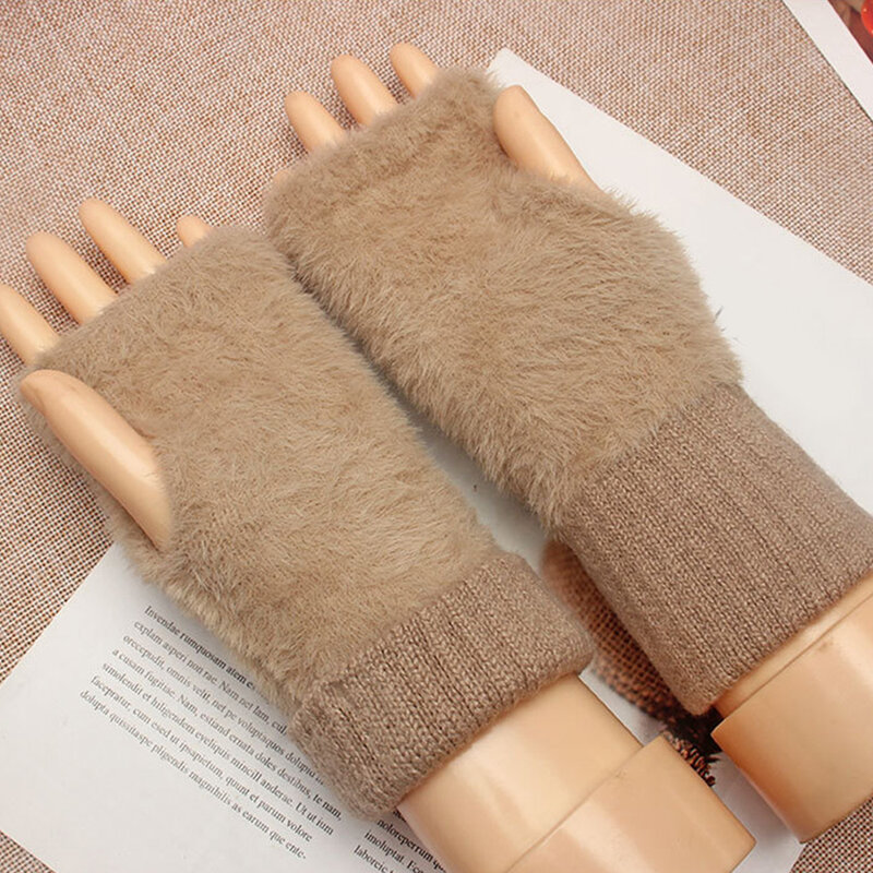 Женские зимние перчатки для сенсорного экрана, пушистые теплые перчатки, вязаные Стрейчевые перчатки с открытыми пальцами, оригинальные перчатки для сенсорного экрана, варежки