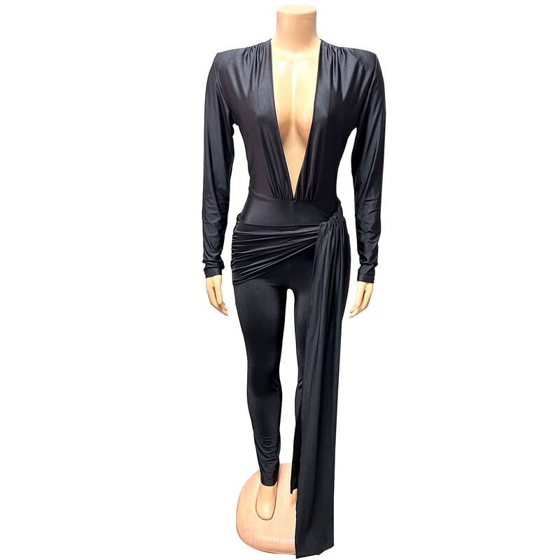Women's V Neck Long Sleeve Jumpsuit, Bodycon Playsuits, Sexy Rompers, Female Outfit, Club Party, Pencil Pants, Christmas, 1 Pc
