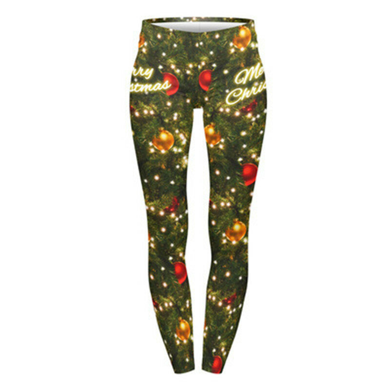 2022กางเกงขายาวผู้หญิงพิมพ์กางเกงผ้ายืดเอวสูง Happy Christmas Party ยาวกางเกงสุภาพสตรี Xmas กางเกง