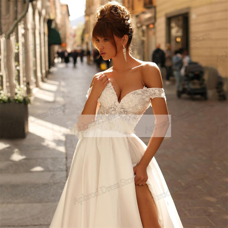 Glamorous Wedding Dresses A-Line Satin Bridal Gowns Lace Appliques Off The Shoulder Robes For Formal Party Vestidos De Novia