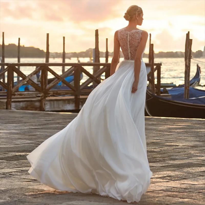 Flavinke eleganckie suknie ślubne z dekoltem w szpic 2024 kobiet szyfonowe suknie ślubne Boho-line Applique Vestido De Novia plecione koronkowe plecy