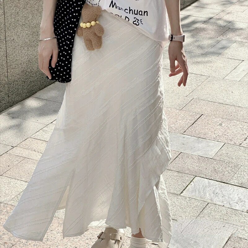 Deeptown elegancki biały długa spódnica damska marszczona nieregularna słodka spódnica do kostek estetyka Fairycore prosta prosta spódnica o linii A