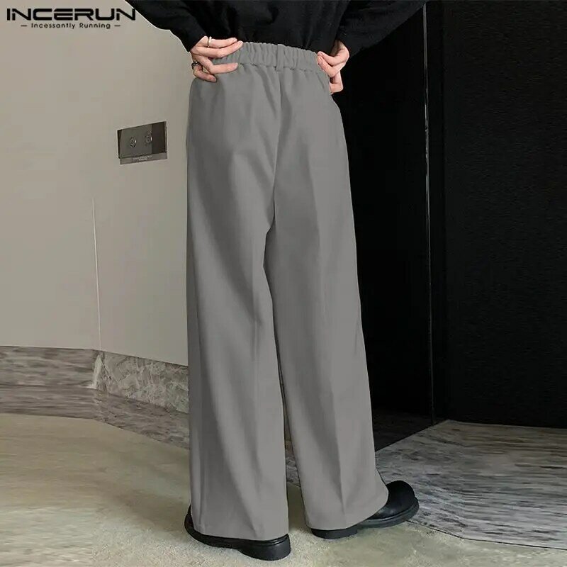 Celana panjang pria INCERUN, celana panjang longgar kasual mode jalanan pinggang elastis Korea warna polos 2024