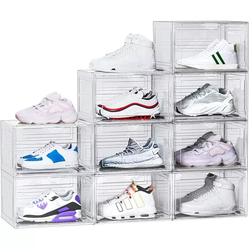 Casing tampilan kotak sepatu tarik samping, dekorasi transparan, untuk ruang tamu, pintu masuk, 9 pak kotak sepatu dapat ditumpuk plastik bening