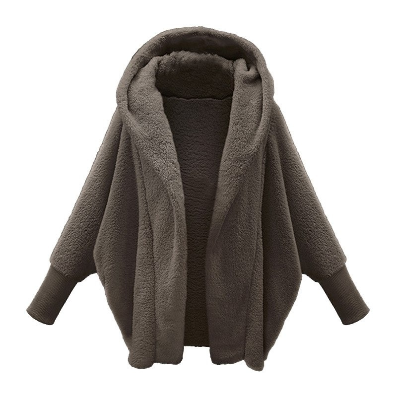 Casaco de pelúcia solto de manga comprida feminino, casaco com capuz, monocromático, manga cheia, moda casual, novo, outono e inverno