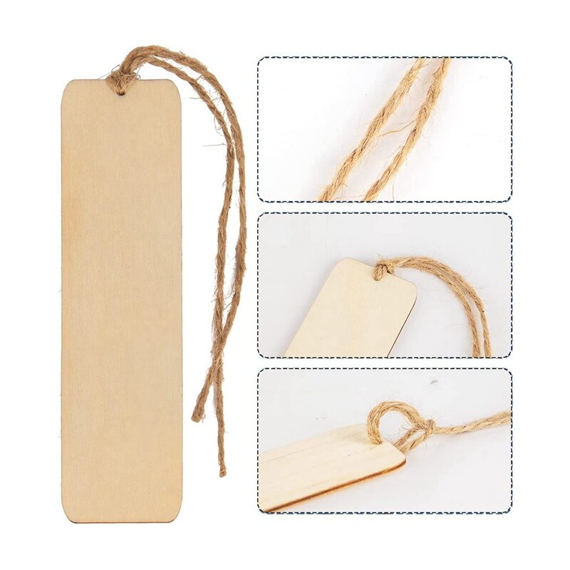 50 PCS Wood Blank Bookmarks Unfinished Wooden Book Marks Hanging Tag With Holes And Ropes DIY Craft Projects