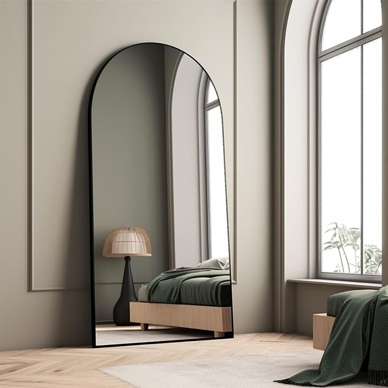 Espejo arqueado de longitud completa con soporte, marco de aleación de aluminio, espejo grande de suelo para sala de estar, montado en la pared, negro