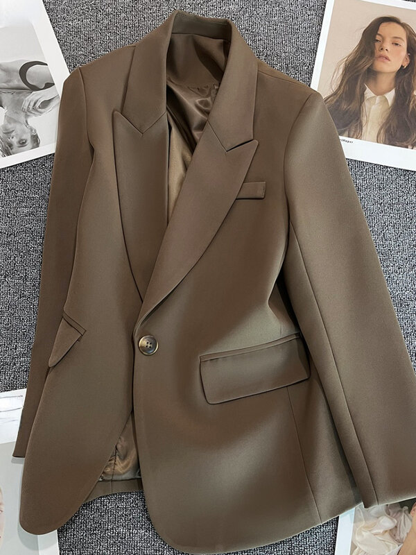 Coffee Women Blazers Summer New Design 2022 Turn-Down Collar Pocket Long-Sleeved Female Outwear Coats Top Quality
