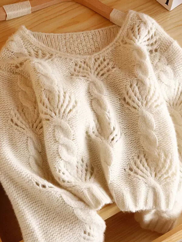 Pullover Frauen zart schick aushöhlen Pullover Herbst Winter lose Vintage ästhetische Strick oberteile stilvolle süße College Daily Basic