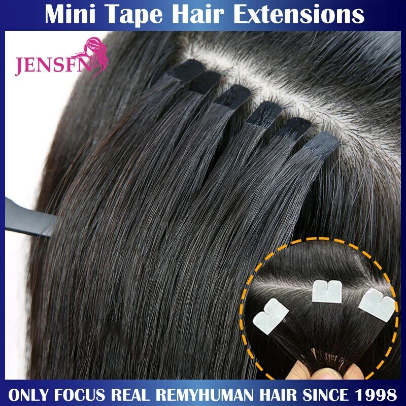 Jensfn-エクステンションのミニテープ,自然な人間の髪の毛の100%,ストレート,シームレスなポリウレタンのスキン,サロン用,16 "-26"