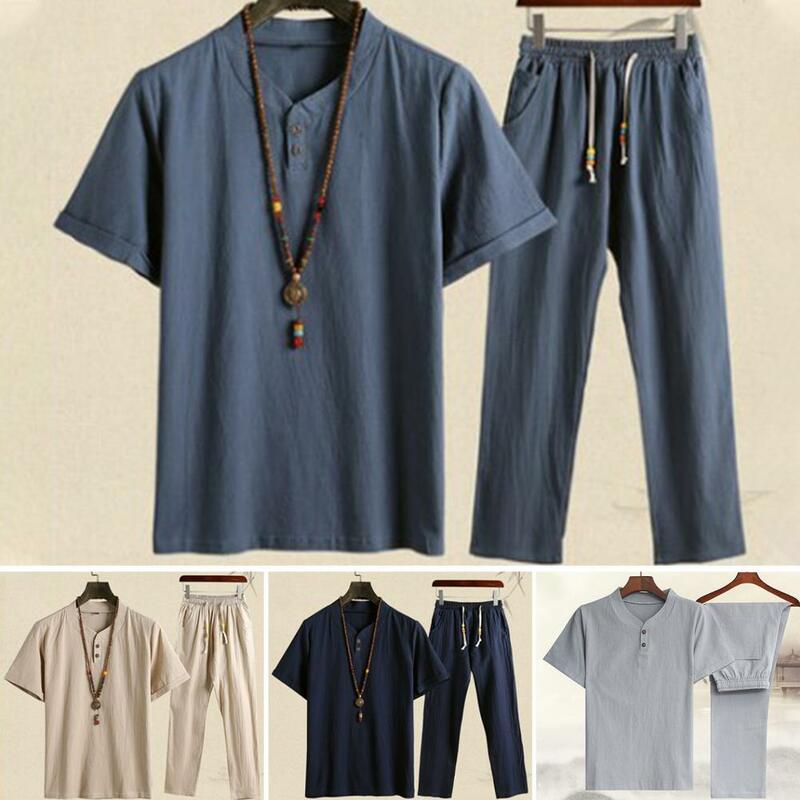 1 Set Popular Beach Outfit Simple Men Top Pants Solid Color Buttons Neckline Chinese Style Top Pants  Thin