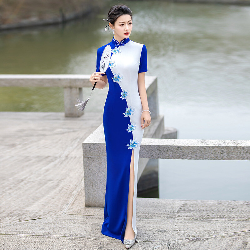 Gaun pesta Formal Cina bunga gaun Satin wanita belahan tinggi Qipao kerah Mandarin seksi Cheongsam kebesaran 5XL Grace Vestidos