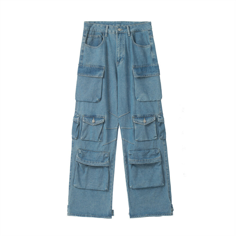 New Y2K Style Multi-pocket Tooling Cargo Jeans da uomo American Retro Street Harajuku pantaloni lavati Mopping Pants abbigliamento giovanile