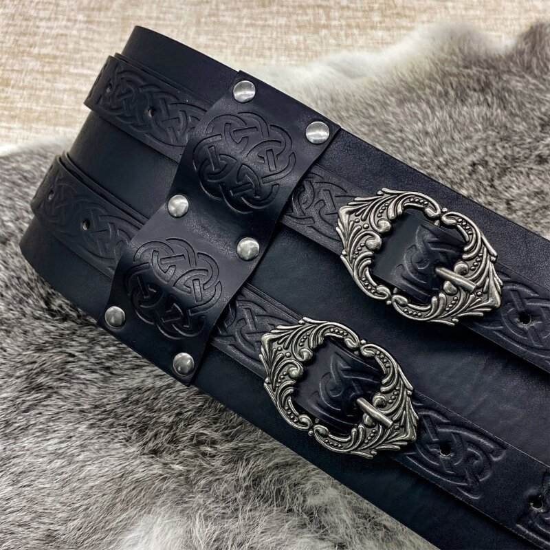 Cinturón ancho vikingo en relieve, cinturón Medieval piel sintética, cinturón con corsé caballero renacentista, disfraz