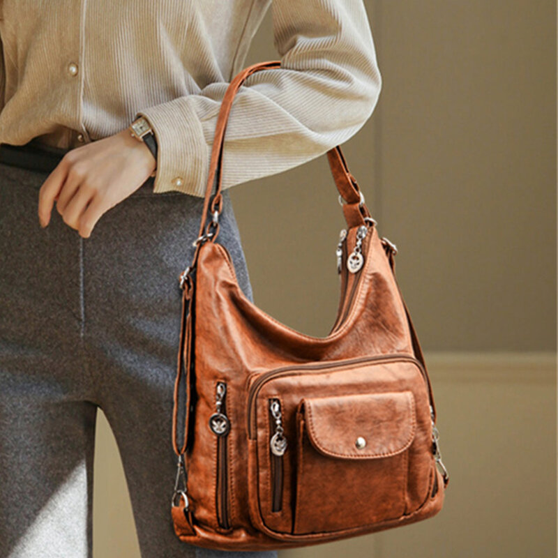 女性のためのヴィンテージレザーハンドバッグ,ファッショナブルなブランドのバックパック,デザイナーのショルダーバッグ,大容量の財布,2024