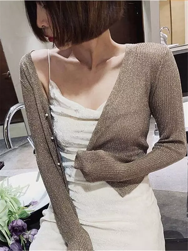 Korean New Gold Silver Knitted Cardigan With Pearl Button Women Bright Silk Thin Sweater Coat Sexy V-Neck Knitwear Tops V772