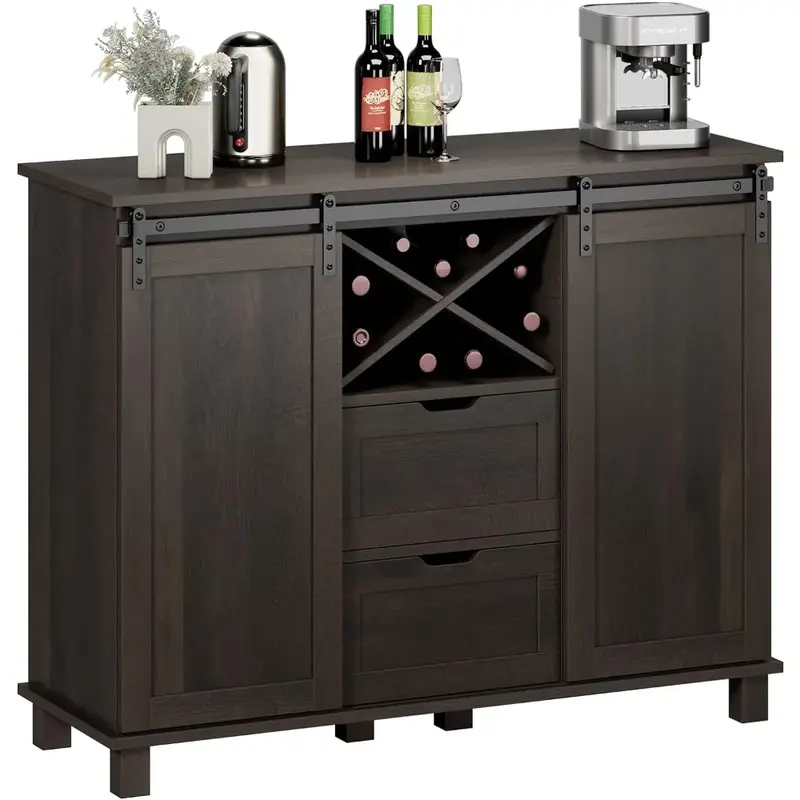 Dark brown wine cabinet with storage room, sliding barn door, side panel wine cabinet, kitchen specialty storage cabinet