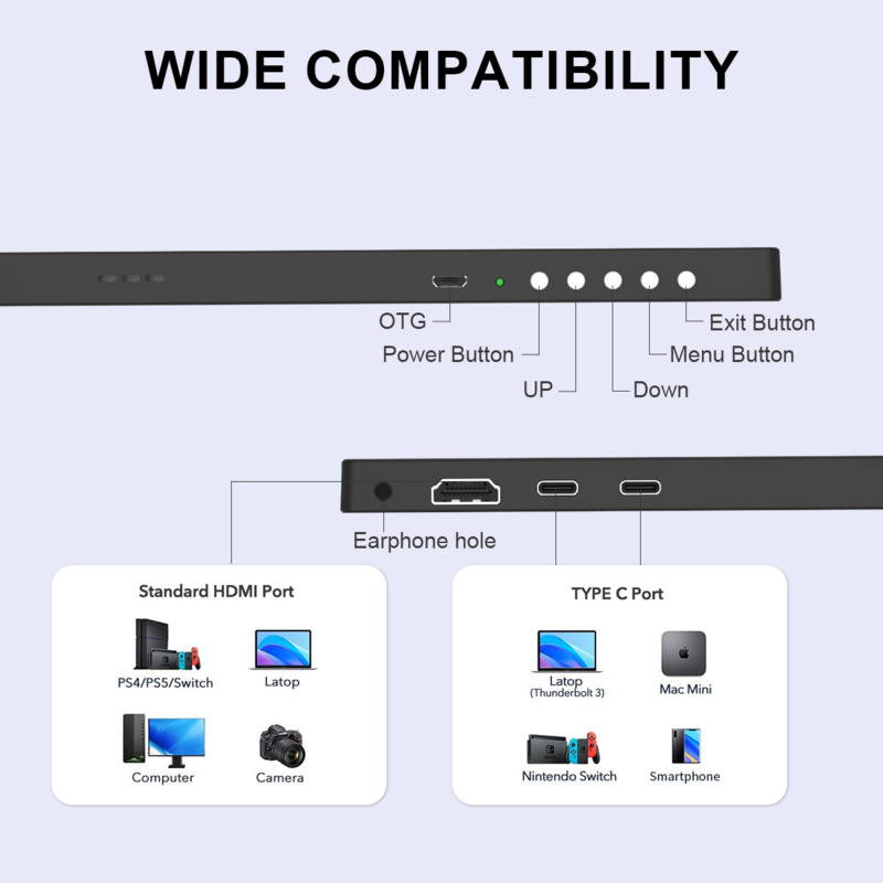 Monitor Portátil com HDMI Tipo-C, 15.6 Polegada, IPS, 4K, FHD, 3840x2160, Suporte a Display, Trabalho de Escritório, Jogo, Mac Phone, Xbox, PS4, 5