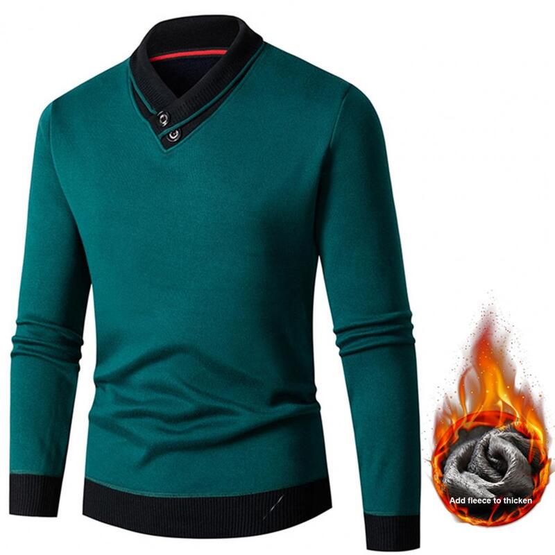 Suéter masculino de malha slim fit com decote em v, cor contrastante, pulôver grosso quente, roupa interior térmica, outono