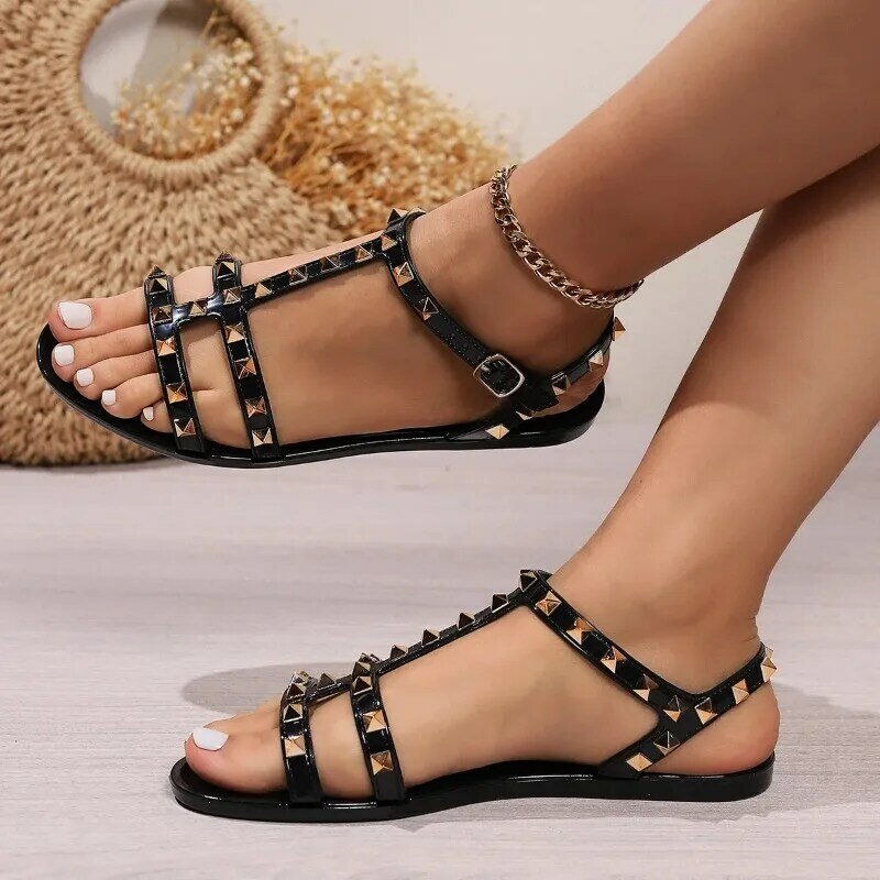 2024 Summer Fashion New Sexy Large Size Flat Square Toe Popular Rivet Buckle Comfortable Solid Color Women's Slippers Sandals